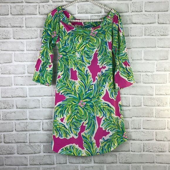 Southern Frock Print Dress Green Pink Size XS Resort Travel Vacation Wear - Picture 1 of 7